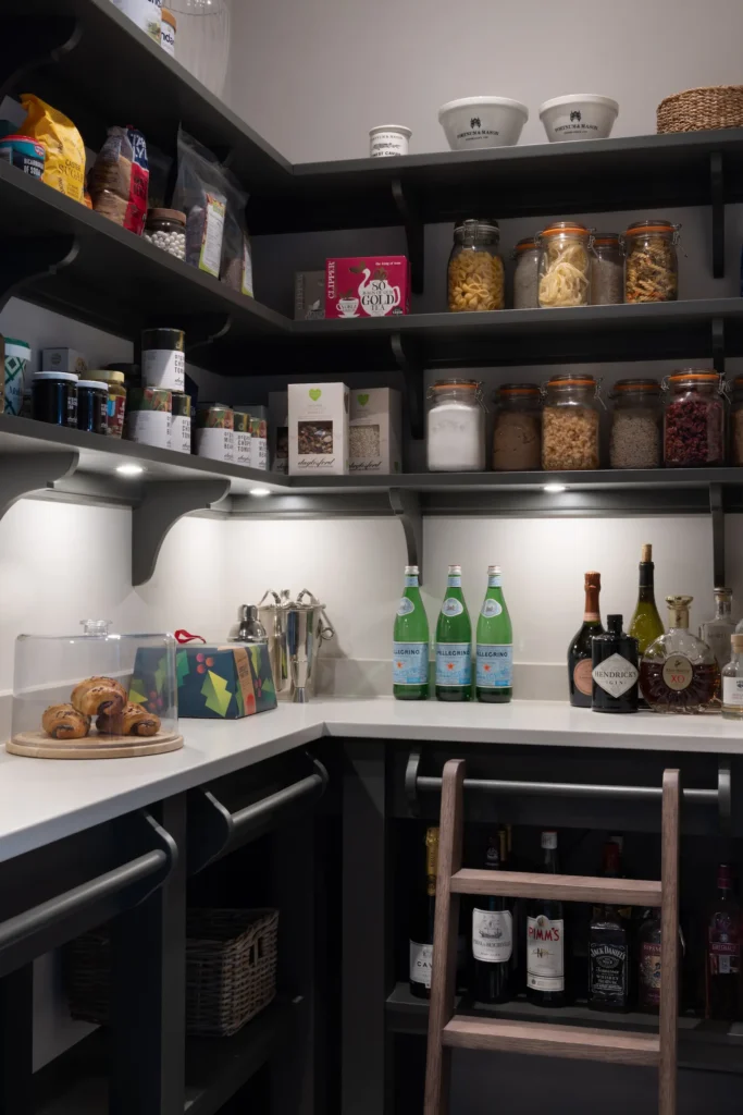 How A Kitchen Pantry Will Change You Life - Organized pantry with black open shelves, glass jars, San Pellegrino bottles, and wooden step ladder in a modern home