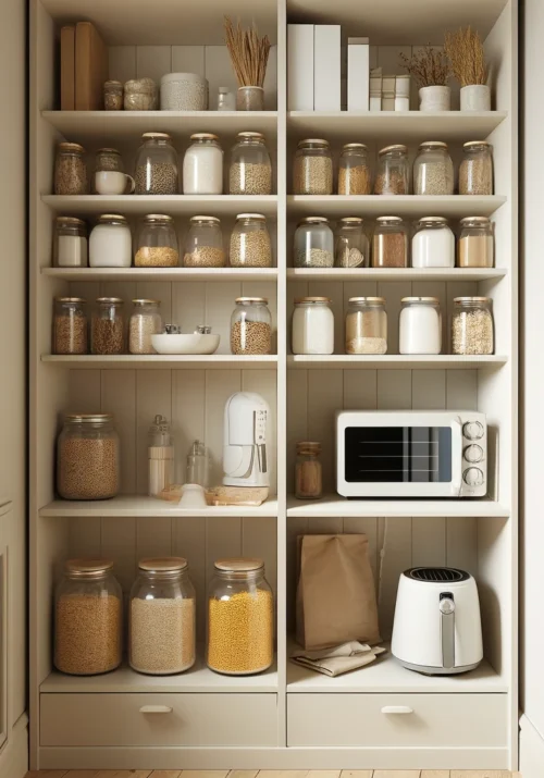 How A Kitchen Pantry Will Change You Life - Neatly organized kitchen pantry shelves with glass storage jars, a microwave, and small appliances for a functional and stylish setup