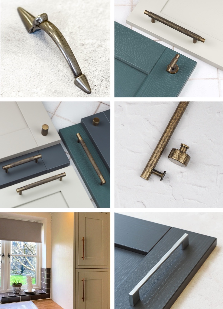 8 Simple DIY Home Projects For Beginners -Close-up of modern brass and steel kitchen cupboard door handles on cabinet doors, ideal for DIY home upgrades on a budget